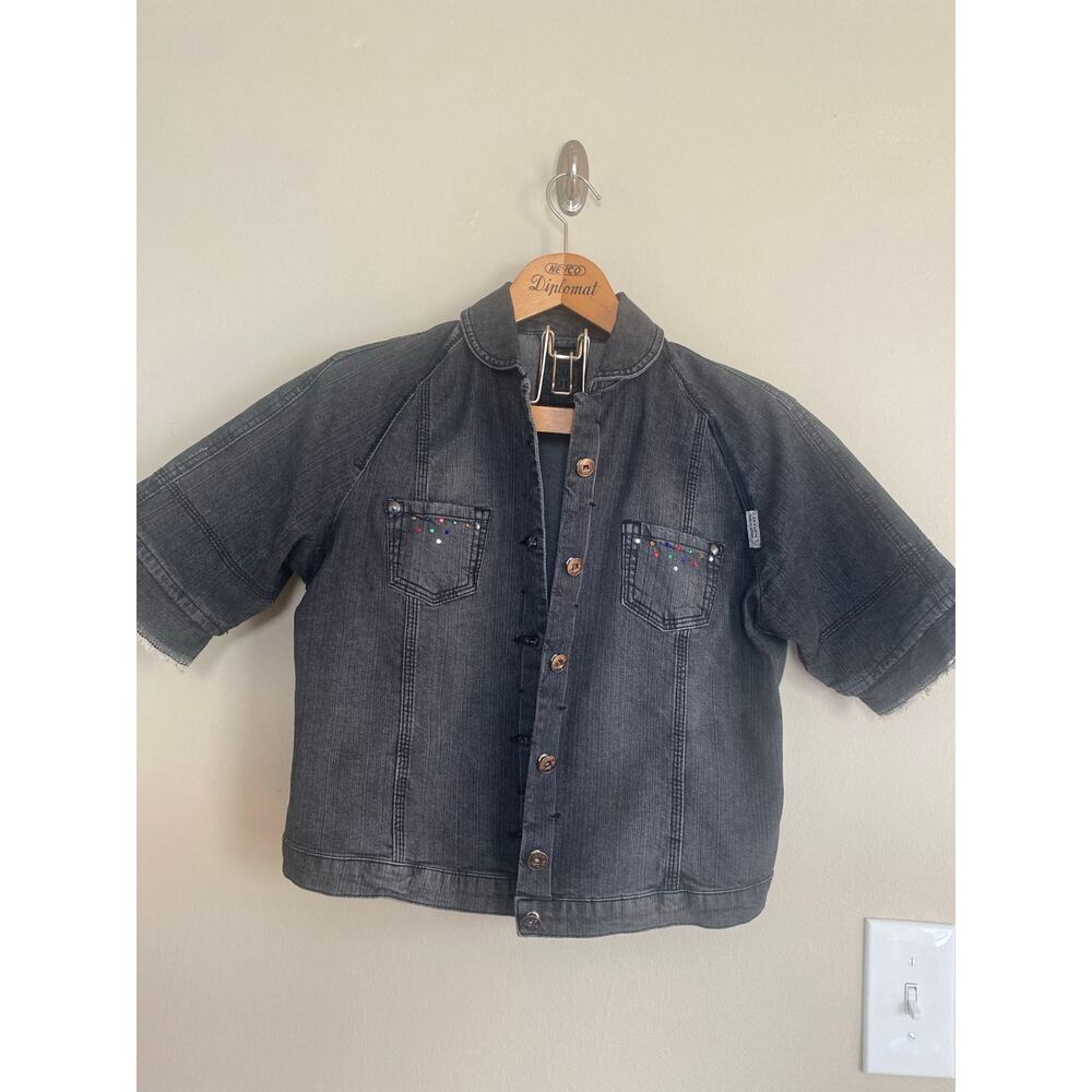 Marithe Girbaud Approx M Black Short Sleeve Denim Jacket Colorful Rhinestones
